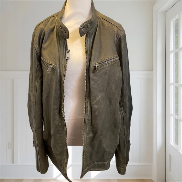 WILSON'S VINTAGE USA Men's Genuine Leather Moto Racer Jacket L Olive Gray - Picture 3 of 13